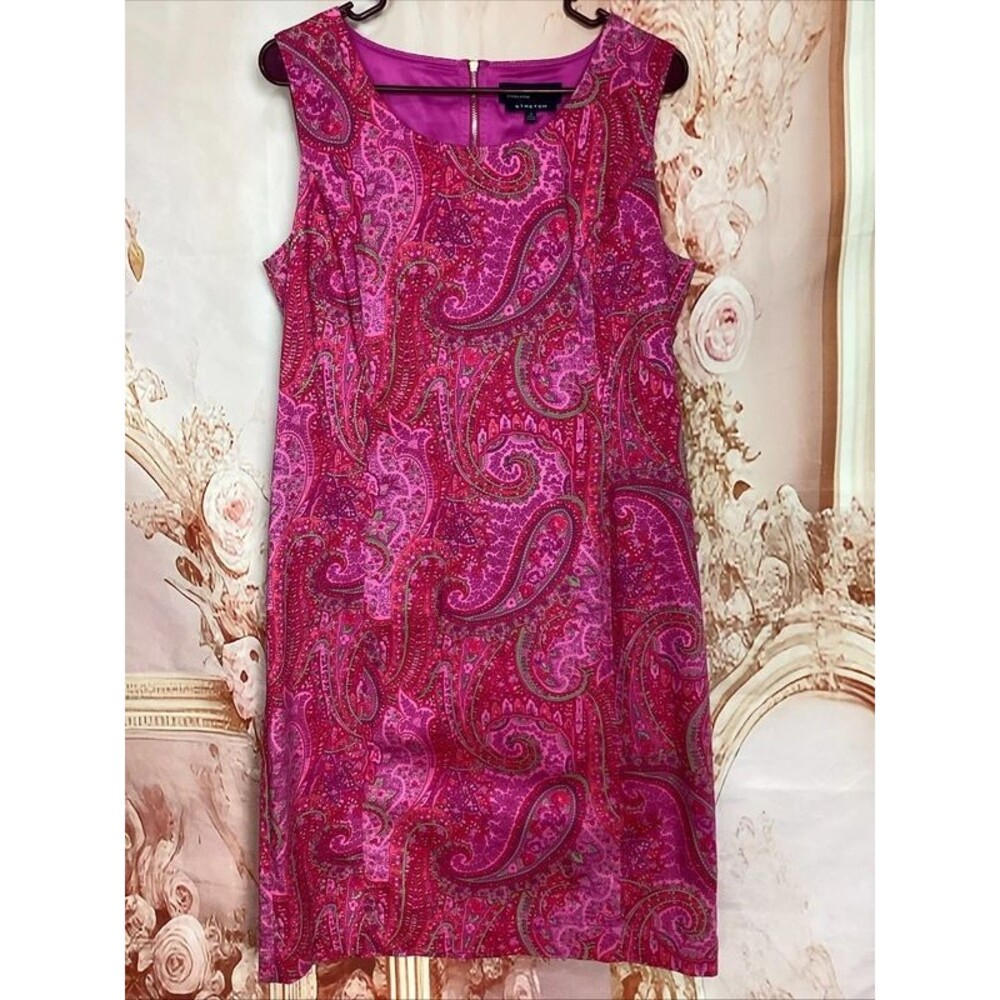 Jones of New York, pink Paisley, midi dress gold zip sleeveless stretch size 12